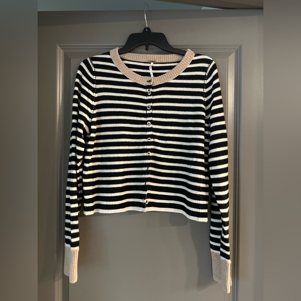 Free People Black and White striped Cashmere and Wool Cardigan Sweater